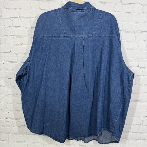 Vintage 90s Y2K Blouse Women Plus 2X Blue Denim Chambray Floral Embroidered Top - Picture 2 of 13